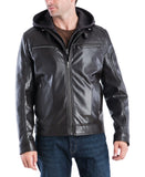 Men's Faux-Leather Hooded Bomber Jacket