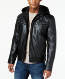 Men's Faux-Leather Hooded Bomber Jacket