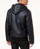 Men's Faux Leather Hooded Bomber Jacket